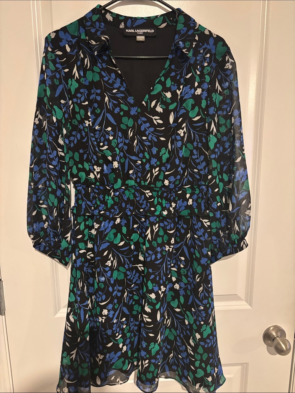 Karl Lagerfeld Black Floral Midi Dress with Blue and Green Print